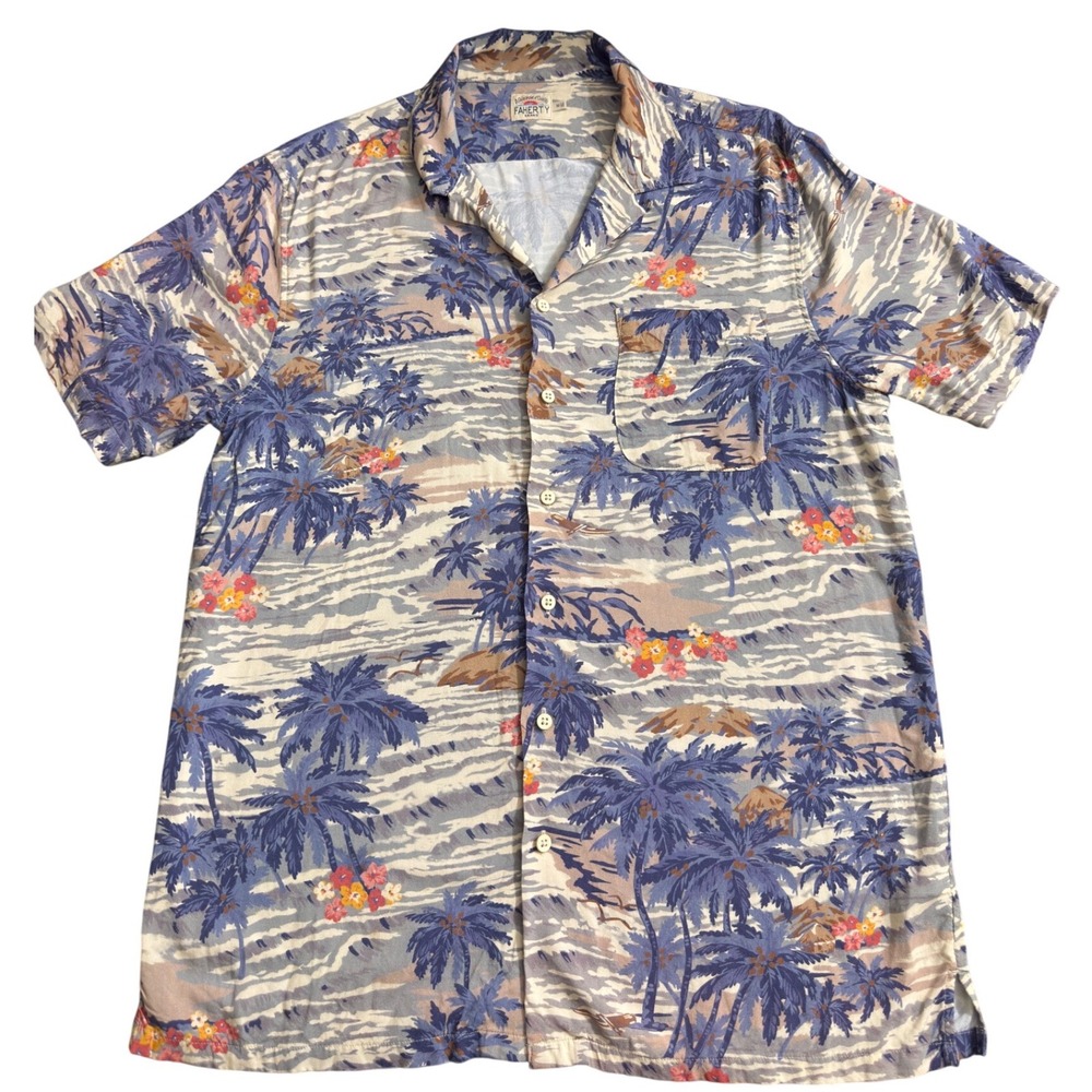 Faherty Men Blue Tropical Palm Tree Viscose Camp Shirt Summer Comfort M GG02 - Picture 2 of 8